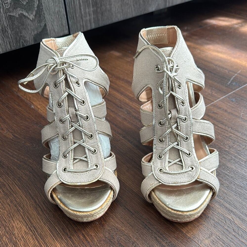 Ann Taylor Pre Owned Linen & Gold Leather Trim Strappy Wedge Sandals